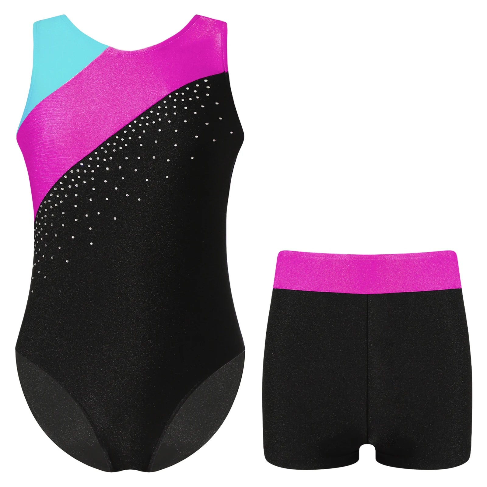Kids Girls Gymnastics Jumpsuit Sleeveless Skating Leotards with Shorts Dance Clothes Set Teens Exercise Ballet Tutu Bodysuit Hypemart