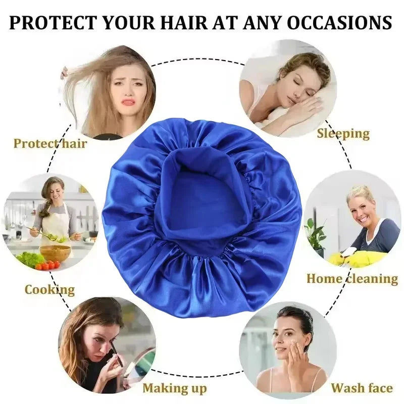 1pcs Soft Silk Satin Lined Bonnet Large Satin Hair Bonnet Household Sleep Shower Cap Hair Wrap Cover for Long Hair Salon Tool Hypemart