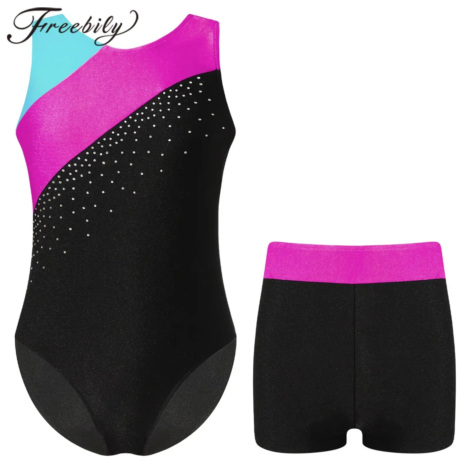 Kids Girls Gymnastics Jumpsuit Sleeveless Skating Leotards with Shorts Dance Clothes Set Teens Exercise Ballet Tutu Bodysuit Hypemart