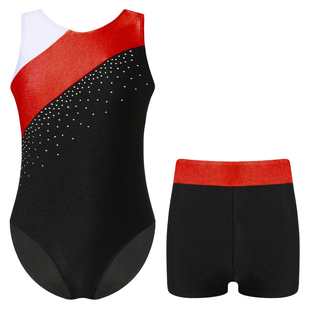 Kids Girls Gymnastics Jumpsuit Sleeveless Skating Leotards with Shorts Dance Clothes Set Teens Exercise Ballet Tutu Bodysuit Hypemart