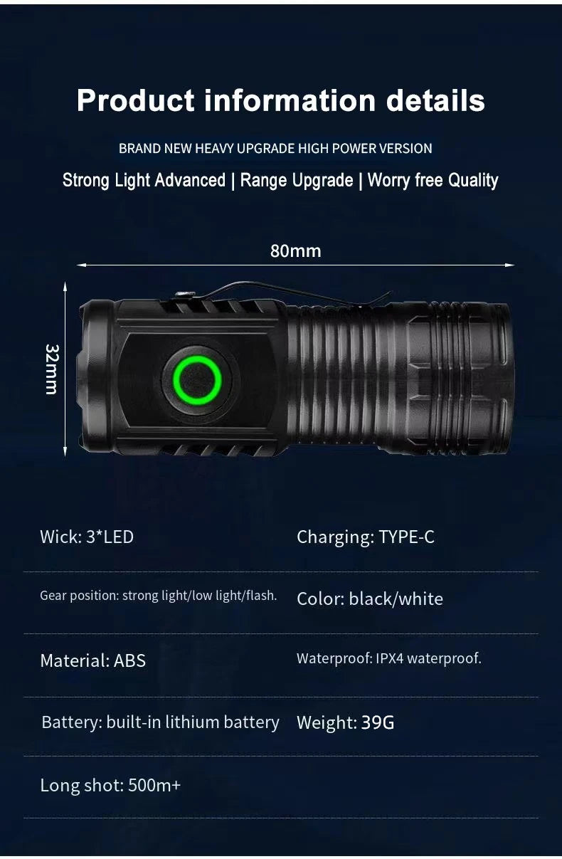 LED Strong Light Flashlight Rechargeable Multi functional for Long Range Portable Outdoor Home Mini Flashlight Cap Clip Light Hypemart